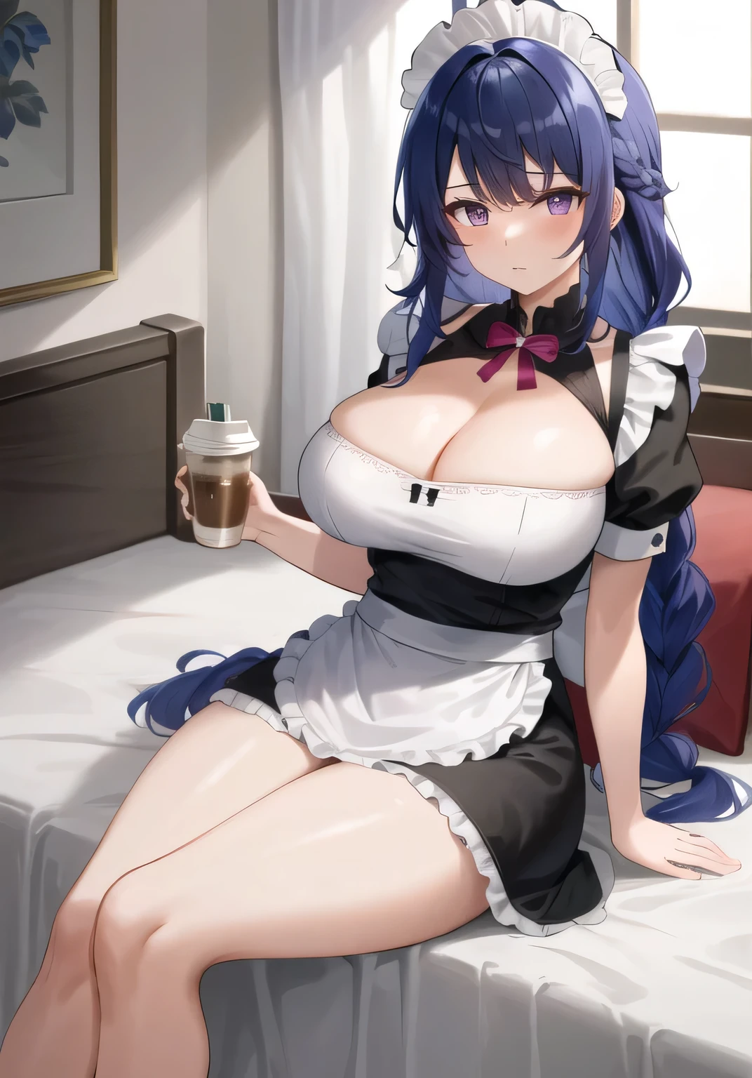 (masterpiece, best quality, super detailed), General Thunder \(Genshin Impact\), (#4143 color hair),long hair, Scan your bangs, braid, braided bangs, purple eyes,
(Coffee maid outfit)Sitting on hotel bed,Black,
big breasts, Thick thighs, shy face, Strong and seductive expression,,