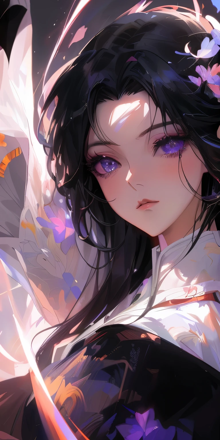 (Daisaku),(Need),(Super meticulous),1girll（Black color hair）（White wings）（Purple dress）animemanga girl, hyper detail eyes，（（putting makeup on）），（best illuminate，Extremely refined and beautiful）Guviz, beautiful fantasy anime, Guviz-style artwork, Detailed digital anime art, gothic maiden anime girl, 8K high quality detailed art,  guweiz masterpiece, Beautiful anime girl(beautiful  detailed face),(Beautiful and delicate eyes)