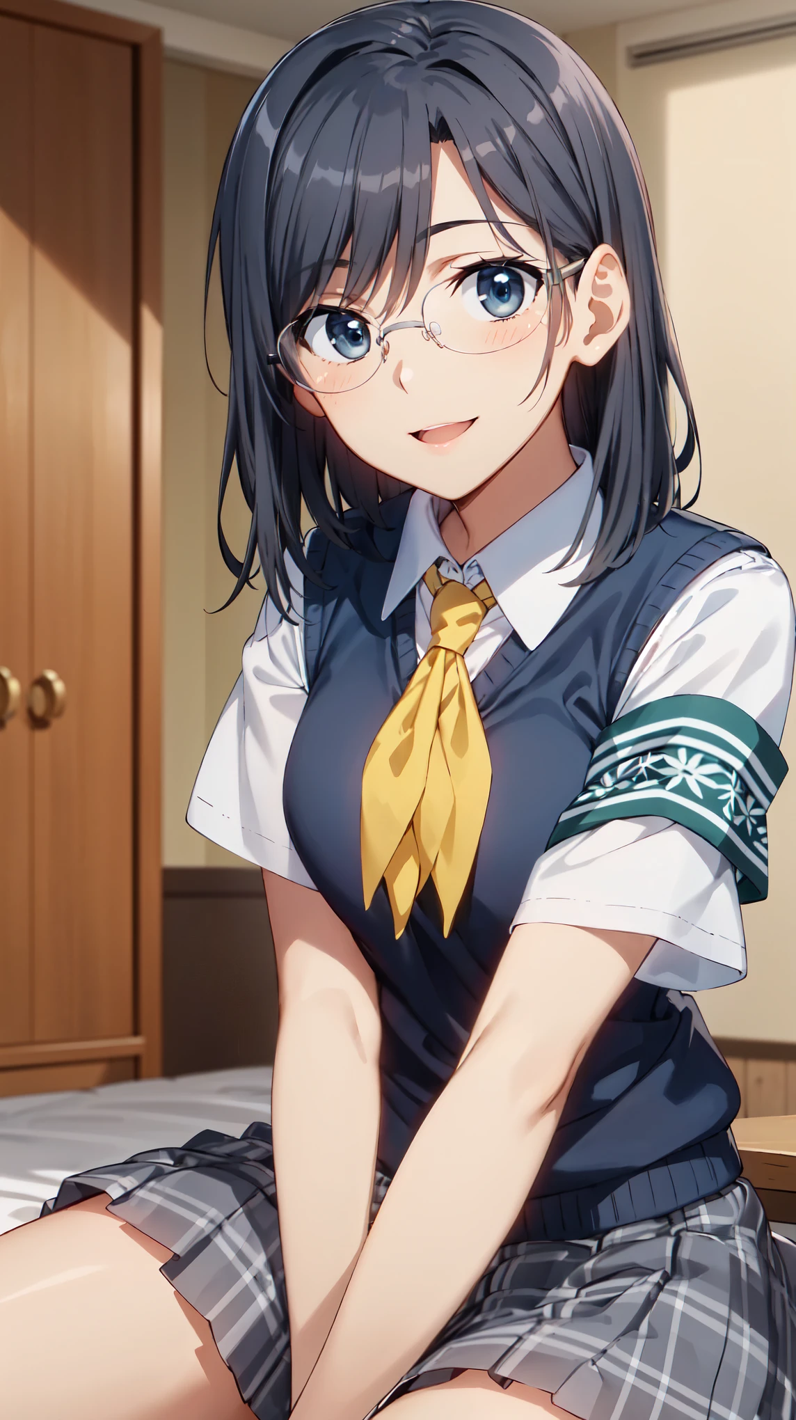 masterpiece, highest quality, High resolution, morning, short hair, black hair, blue eyes, Glasses, , yellow neckerchief, collared shirt, sweater vest, (Blue Vest:1.2), short sleeve, armband, plaid skirt, gray skirt, indoors, sitting, smile, open your mouth, wave hands