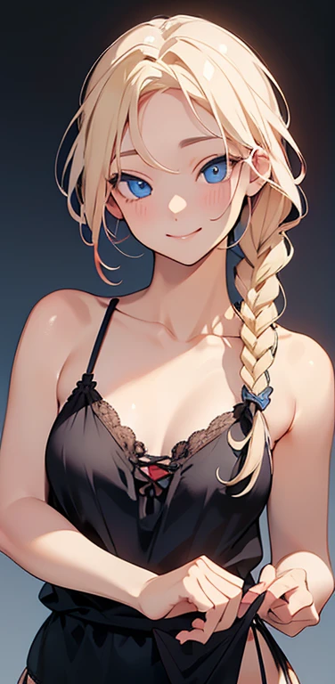 Realistic、1house wife、blonde hair、braid、blue eyes、(eye focus:1.3,face focus,upper body),(gradient eyes:1.3),(camisole　sexy　panties
)、(forced smile:1.3),single braid,cute face、small breasts,