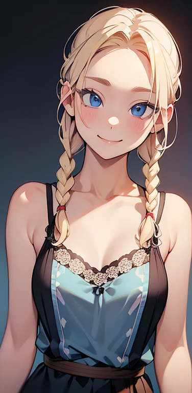 Realistic、1house wife、blonde hair、braid、blue eyes、(eye focus:1.3,face focus,upper body),(gradient eyes:1.3),(camisole　sexy　panties
)、(forced smile:1.3),single braid,cute face、small breasts,