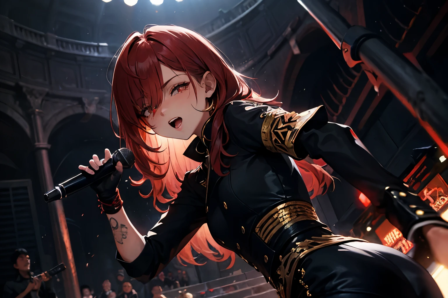 masterpiece, best quality, high quality, detailed, ultra detailed, hyper detailed, insanely detailed, exquisite, beautiful, FHD, Full-HD, 4K, 8K, 16K, highres, absurdres, abyss, cathedral, man, angry, excited, noisy, serious look, looking at viewer, long hair, hair over one eye, red hair, streaked hair, red eyes, piercing, armband, gloves, with a tattoo, with a microphone, beauty mark, at concert, dark atmosphere, dark academia, medium shot, dynamic angle, darkness, backlighting,starrystarscloudcolorful,(open mouth:1.1)