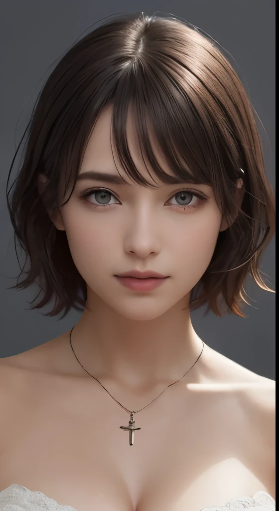 (((highest quality、8k、masterpiece)))、sharp focus、(perfectionな姿の美しい女性)、thin、cinematic lighting、perfection、soft light、high resolution skin:1.3、realistic skin texture、30 year old mature woman、small face、no makeup、short hair、dark brown hair、detailed beautiful eyes、small breasts、、bust B cup、wearing a pendant、sexy pose、Supermodel、Slender body type、Cool beauty、gray background、