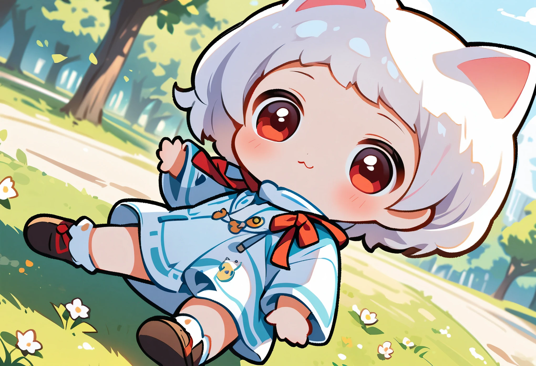 ((anime chibi style)), cute looking kitten with adorable eyes in the park, dynamic angle, depth of field