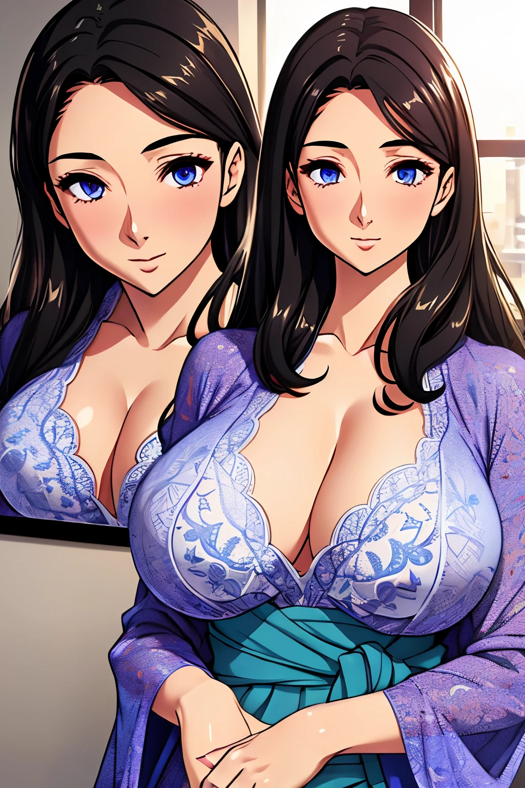 (masterpiece, best quality, detailed illustration, high resolution), ((1girl, solo)), ((huge breasts, large breasts, slim waist, long legs, fit body, toned body)), ((brunette hair)), ((kimono)), ((full body, closeup view)), ((standing)), ((looking at the viewer, facing the viewer)), office setting, ((fair skin)), oiled skin, ((large breasts, mature woman, mature female, mature lady)), blue eyes, (long hair), (detailed eyes), ((standing)), 