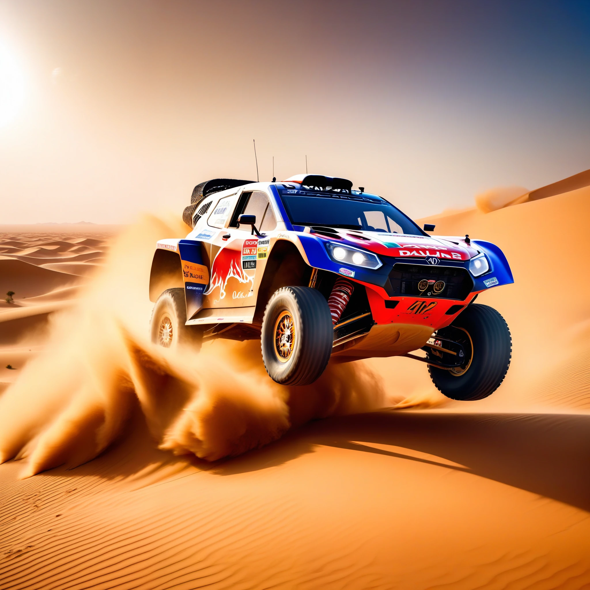 (high quality, detailed, professional), dakar rally, dakar rally racing car, jump over dunes , dust from wheels, immersive background of desert and dunes,  (photorealistic) rendering, (vivid colors), (HDR), (ultra-detailed), (sharp focus), (physically-based rendering), (studio lighting), (masterpiece:1.2), (side view), (landscape), (bokeh),  (dynamic drive), (action shot)