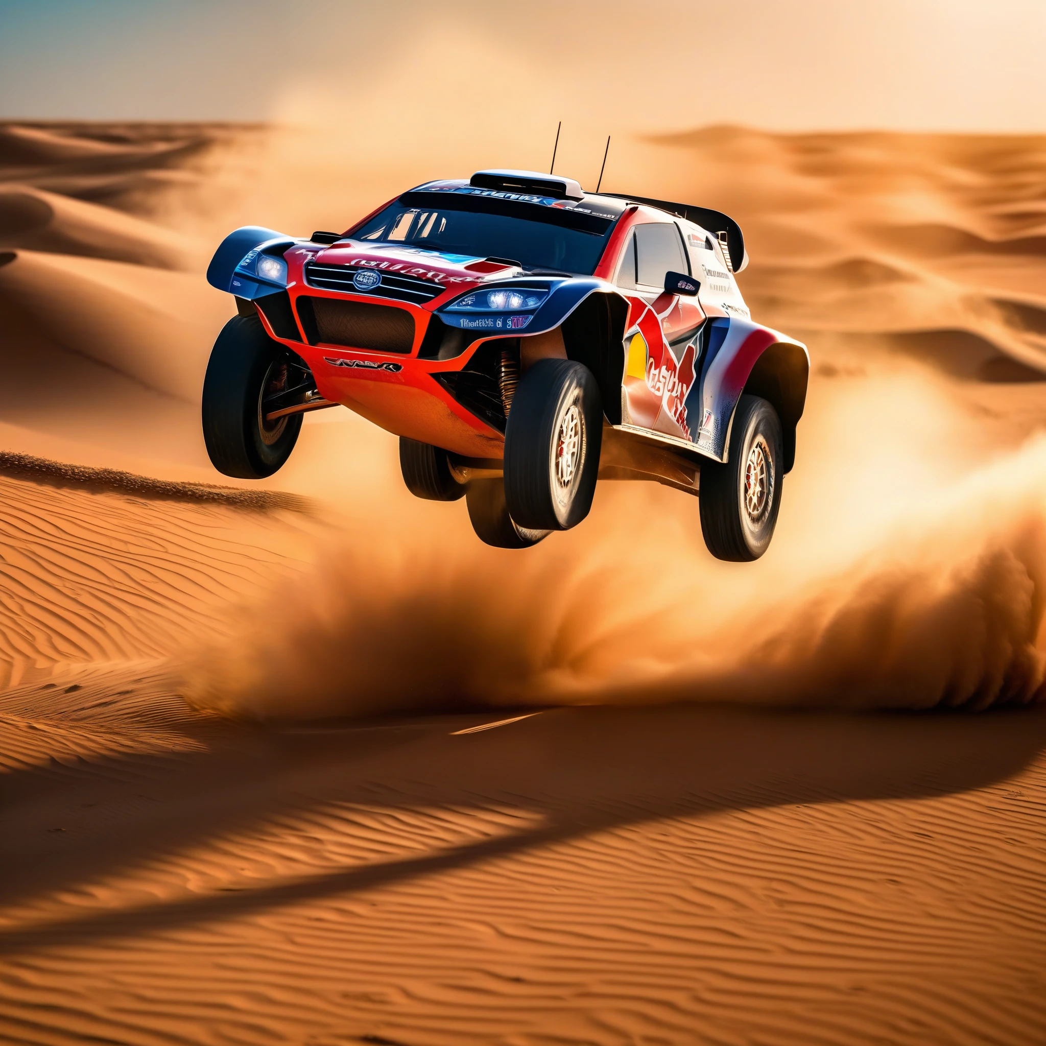 (high quality, detailed, professional), dakar rally, dakar rally racing car, jump over dunes , dust from wheels, immersive background of desert and dunes,  (photorealistic) rendering, (vivid colors), (HDR), (ultra-detailed), (sharp focus), (physically-based rendering), (studio lighting), (masterpiece:1.2), (side view), (landscape), (bokeh),  (dynamic drive), (action shot)