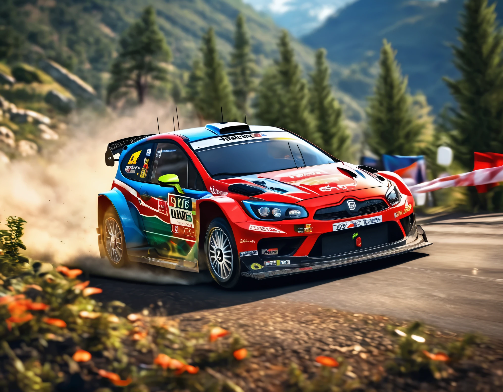 (high quality, detailed, professional), wrc, wrc racing csr, dynamic shot, drive fast on tight turn on special stage, termac road in mountains, (photorealistic) rendering, (vivid colors), (HDR), (ultra-detailed), (sharp focus), (physically-based rendering), (studio lighting), (masterpiece:1.2), (side view), (landscape), (bokeh), (dynamic drive), (action shot)