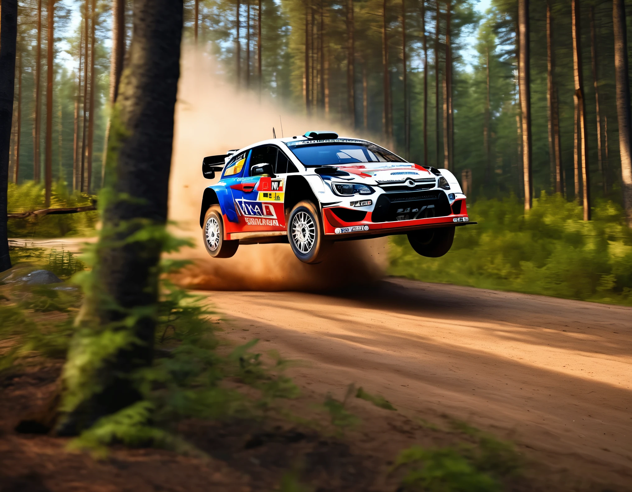 (high quality, detailed, professional), wrc, wrc racing car, dynamic shot, gravel special stage of the Rally of Finland, fast driving through the forest, jumps, immersive background of the Finnish forest and gravel road, light dust from under the tires  (photorealistic), (HDR), (ultra-detailed), (sharp focus), (physically-based rendering), (studio lighting), (masterpiece:1.2), (side view), (landscape), (bokeh),  (dynamic drive), (action shot)