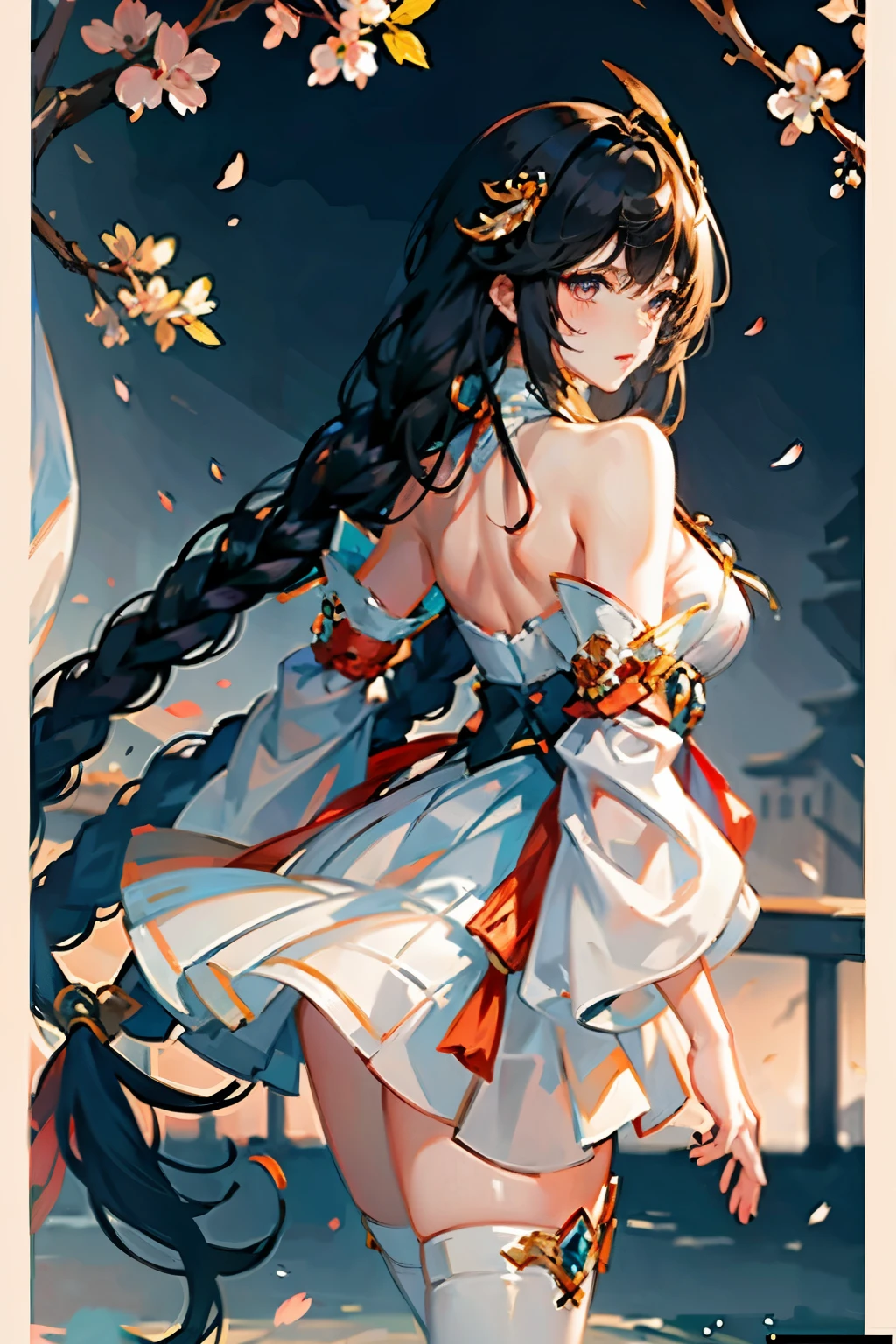 8k, super detail, ccurate, best quality, masterpiece, super detail, high details, high quality, best quality, highres,Realistic eyes, detailed shadow, view the viewer, Detailed lighting,(detailed hairs, photo-realistic hair, Realistic lighting, realistic shaded, realistic dress), Realistic skin, (Waist gun:1), Realistic reflection of light from above,((arms back behind)),(with hands behind her back),,Night,Stockings,Cherry blossoms, White skirt, White Hanfu,Girl on a modern street,full bodyesbian,Pink filter element,Blushlush,Pitiful expression
