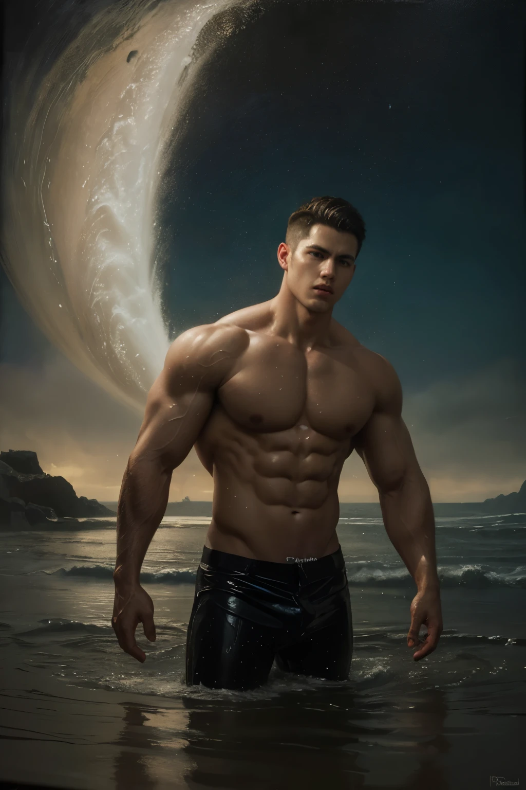 The colorful water spreads, forming the shape of a tornado that swirls around a male dancer at night, dynamic composition, colorful, masterpiece, intricate details, (surreal), ((oil painting \(medium\))), fantasy art, concept art, by greg rutkowski, (muscular), (large pectorals), (puffy nipples)