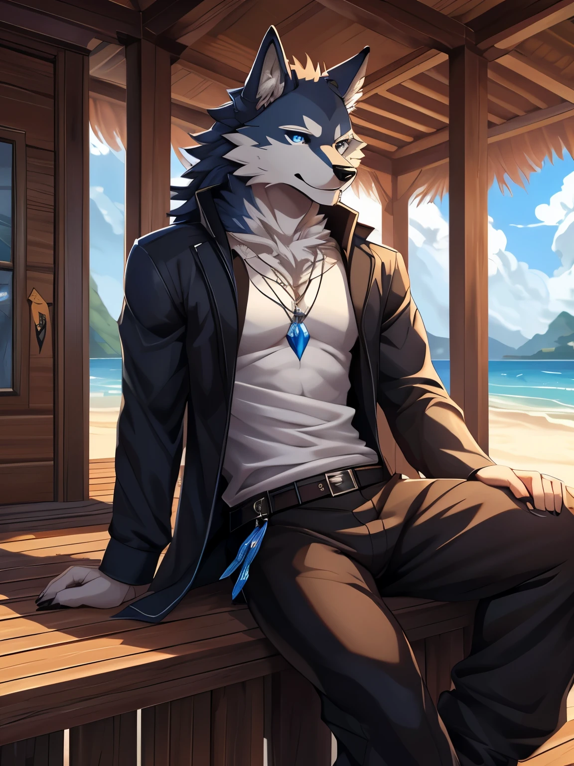 (posted on e621 by Yang J art style), furry, male, anthro, (wolf Tail), Solo, Blue eyes, (Realistic eye details:1.2), (beautiful detailed eyes), anime characters undershirt, wearing beach pants, sitting on a porch, from cryptid academia, commission for high res, detailed fanart, zerochan art, pov furry art, very very beautiful furry art, full res, dnd fantsay art, highly detailed exquisite fanart, furry fantasy art, anthro art, dnd commission, dnd , high quality dnd illustration, furry art!!!, slim body, full body like, in a panoramic view, good looking