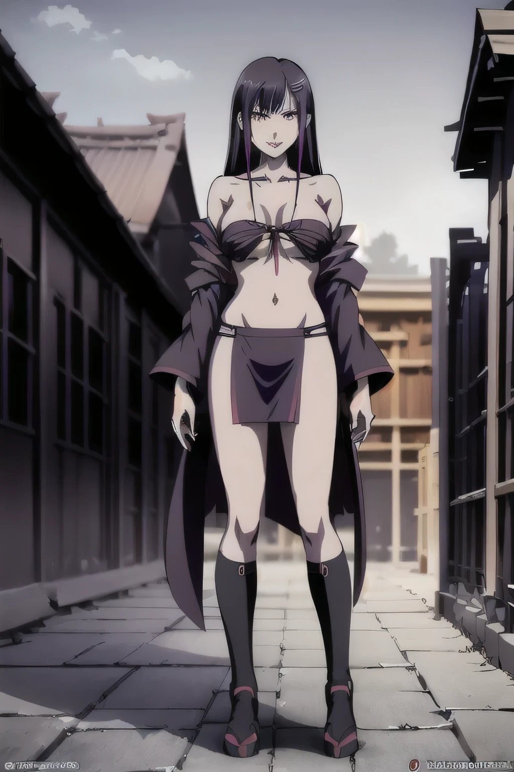 1girl, black hair, long hair, hairclip
,purple eyes,red lips,
masterpiece, best quality, highly detailed, a anime girls in kimono dress with a sword posing for a
picture, bare shoulder,open kimono, evil smile, open mouth, crop top , (nsfw) not safe for work, smile,
ecchi anime style, anime girls, ecchi style, ecchi, digital anime art!!, in anime style, official artwork, visual
novel cg, beautiful anime girl, anime style 4 k, kimono pencil skirt, exposed belly, exposed navel,
exposed midriff, exposed lower belly, outdoor, japanese architecture, temple