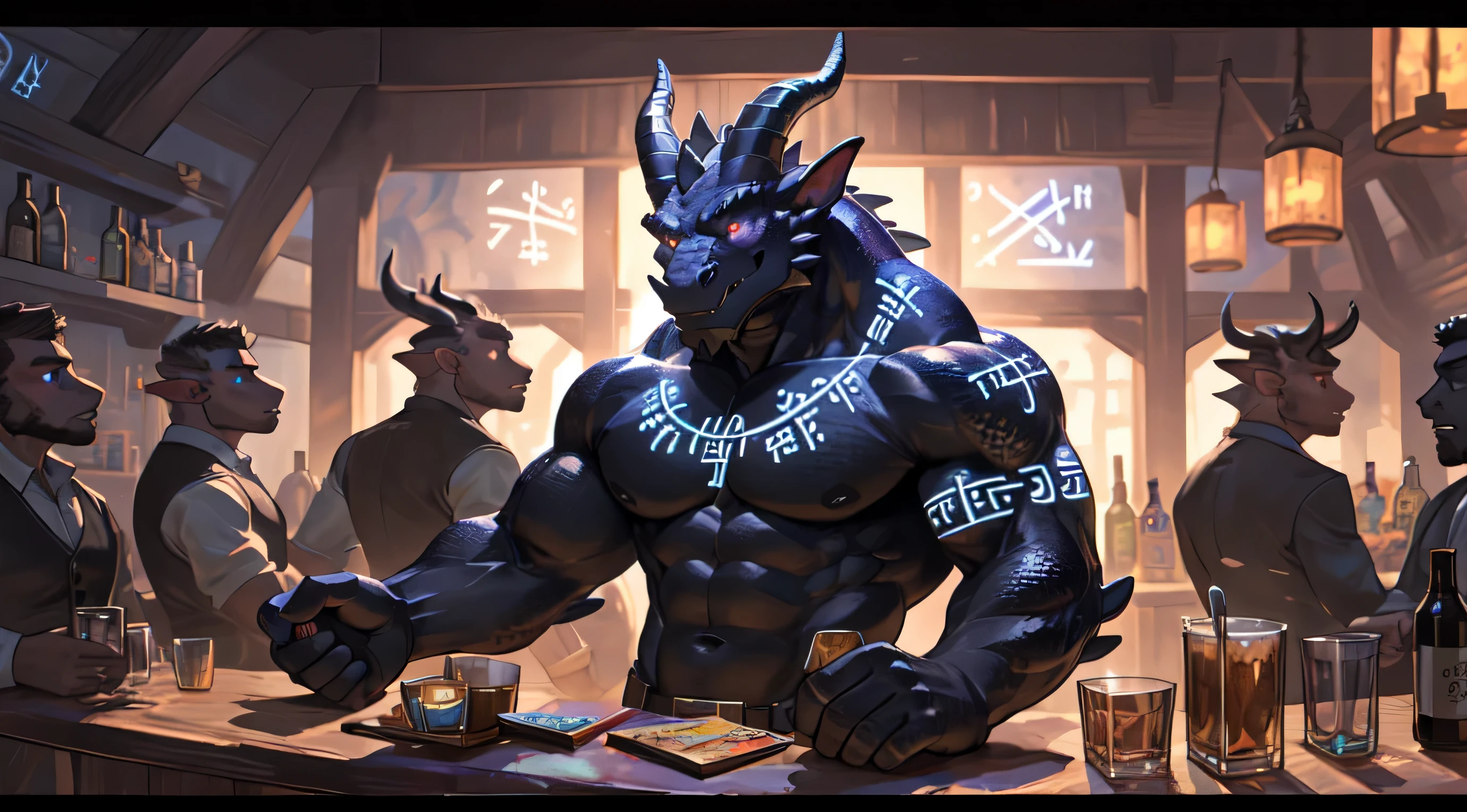 masterpiece, super detailed, Color eyes, focus only, male, trumpet, scales, orichalcum, dispersion, (spectrum:1.1), flakes, (runes:1.2), whole body, floating hands, swing, competition game, official art, video games, digital level, muscular, exquisite eyes, ((black body)),Tavern,bartender