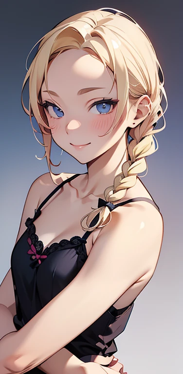 Realistic、1house wife、blonde hair、braid、blue eyes、(eye focus:1.3,face focus,upper body),(gradient eyes:1.3),(camisole　sexy　panties
)、(forced smile:1.3),single braid,cute face、small breasts,