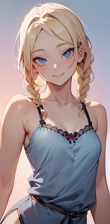 Realistic、1house wife、blonde hair、braid、blue eyes、(eye focus:1.3,face focus,upper body),(gradient eyes:1.3),(camisole　sexy　panties
)、(forced smile:1.3),single braid,cute face、small breasts,