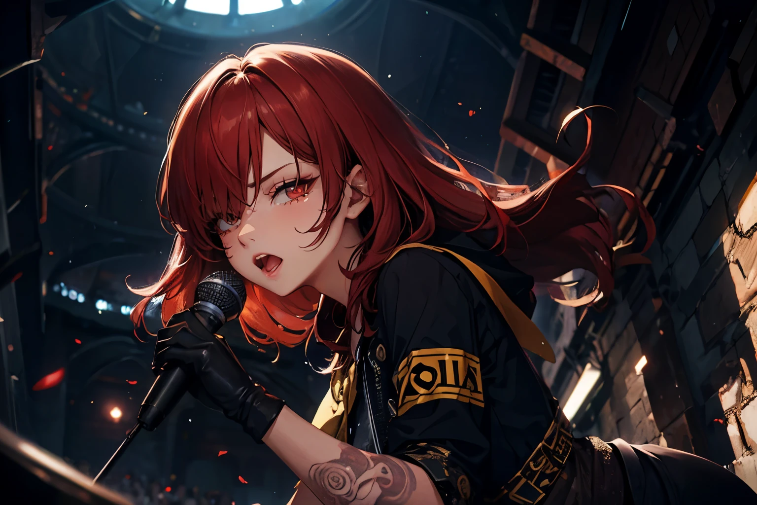 masterpiece, best quality, high quality, detailed, ultra detailed, hyper detailed, insanely detailed, exquisite, beautiful, FHD, Full-HD, 4K, 8K, 16K, highres, absurdres, abyss, cathedral, man, angry, excited, noisy, serious look, looking at viewer, long hair, hair over one eye, red hair, streaked hair, red eyes, piercing, armband, gloves, with a tattoo, with a microphone, beauty mark, at concert, dark atmosphere, dark academia, medium shot, dynamic angle, darkness, backlighting,starrystarscloudcolorful,(open mouth:1.1)