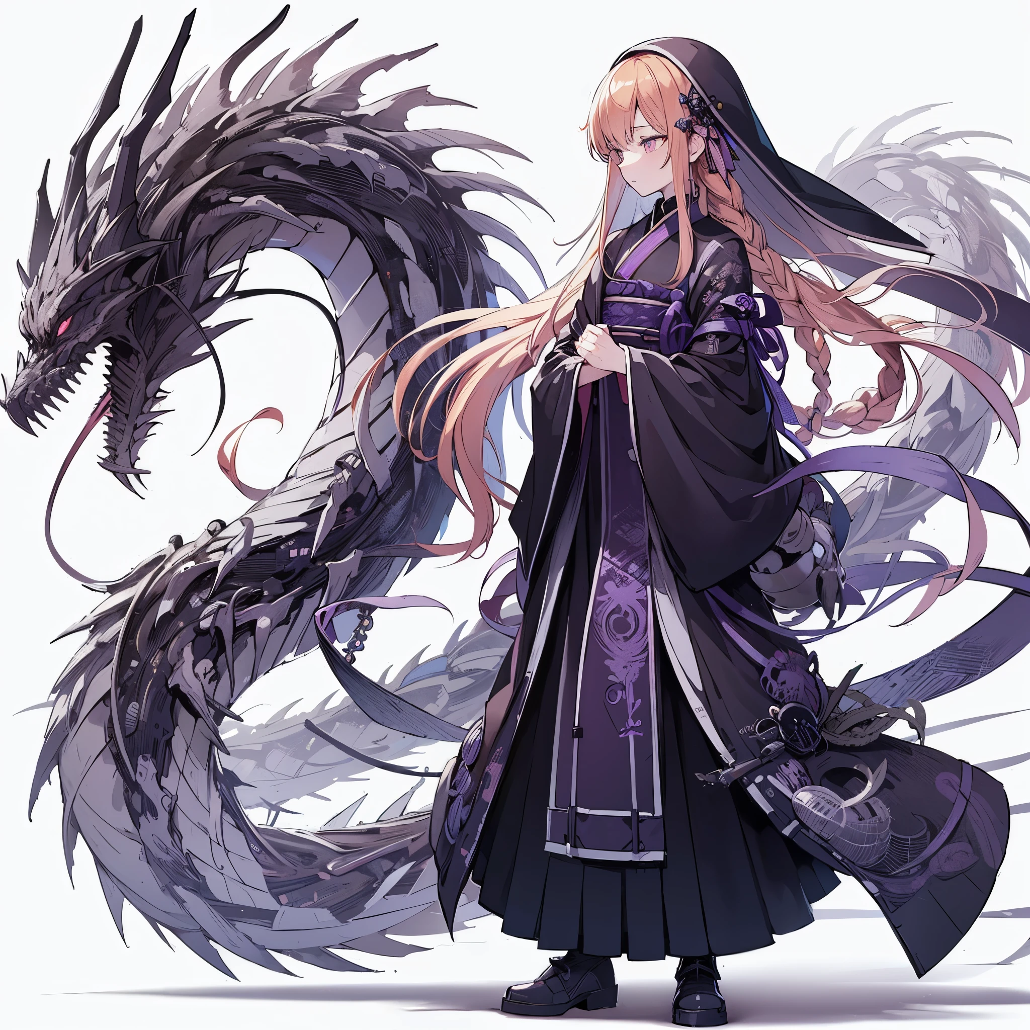 (Masterpiece, top quality), (perfect athlete body: 1.2), (detailed hair), super detailed, anime style, full body, solo, Cyberpunk shadow maiden, light peach hair in a single braid, narrow eyes, wearing Japanese nun’s habit, dark purple cyberpunk kimono, shaped by bones and shadows dragon as servants, sleepy standing, wearing hi-tech boots, standing wasteland, white background, whole body,
