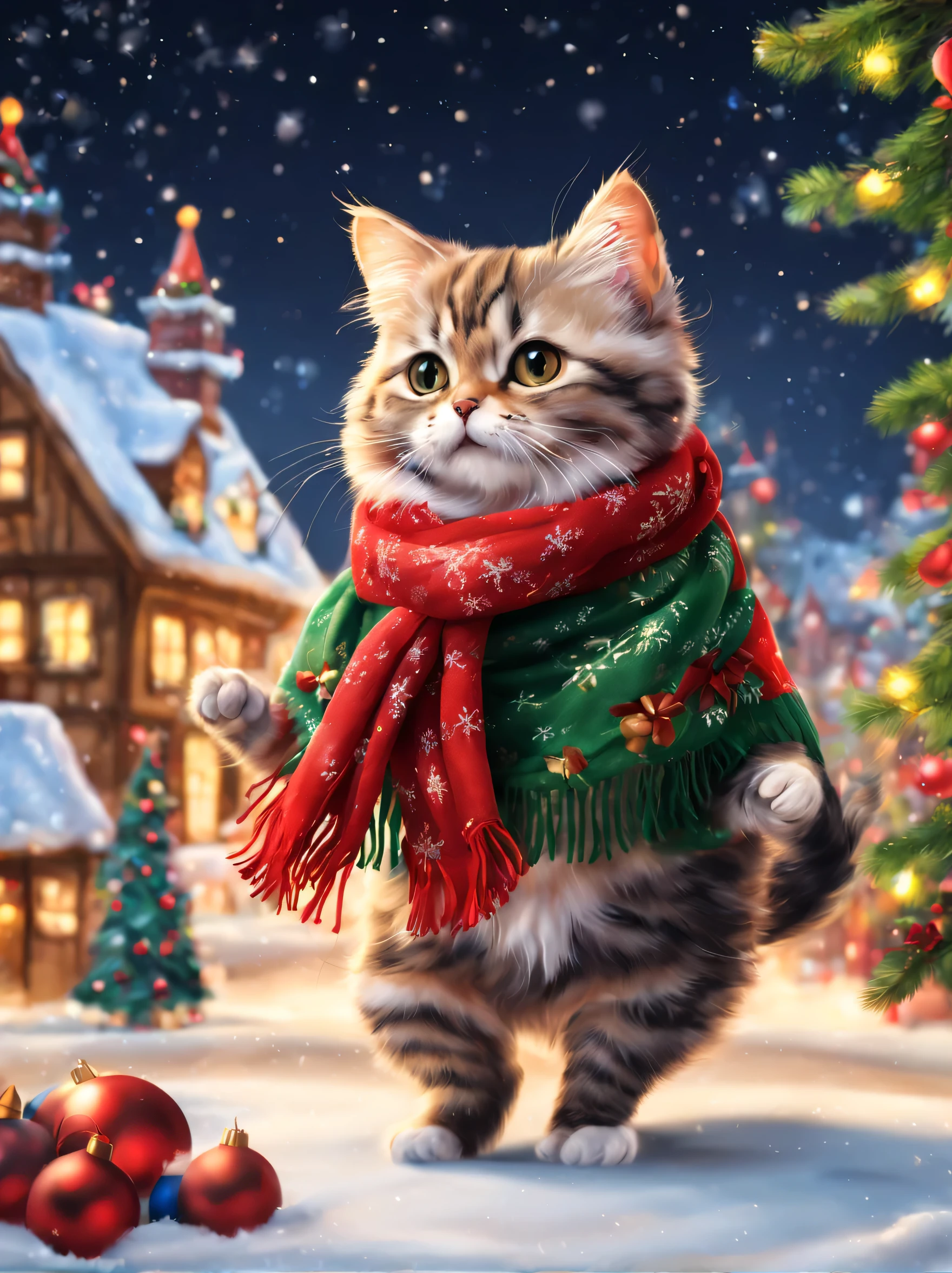 踊るCat,(スカーフをかぶったCat),christmas town,masterpiece,highest quality,ふわふわのCat,christmas town,illumination,Christmas tree,dance,all displayed,Chibi,cute,Futebuteshi,fun,anatomically correct,,photo realistic,Cat,