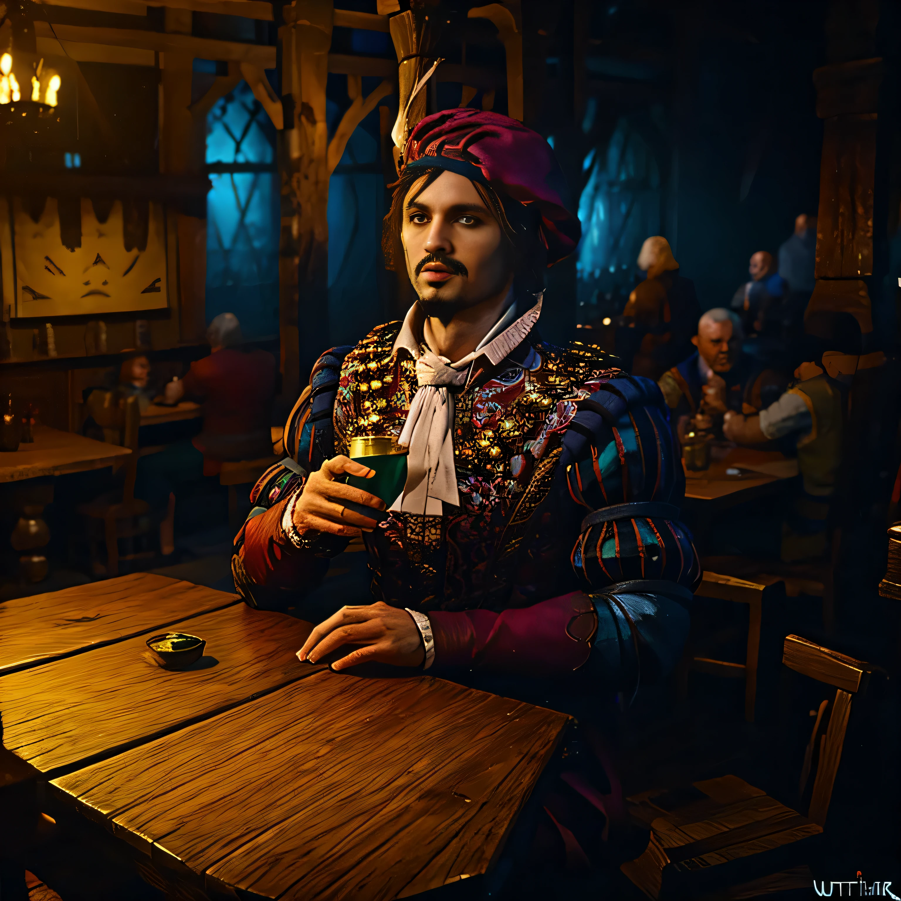 Dandelion from witcher, drinking in tavern, action shot, cinematic portrait, soft light 