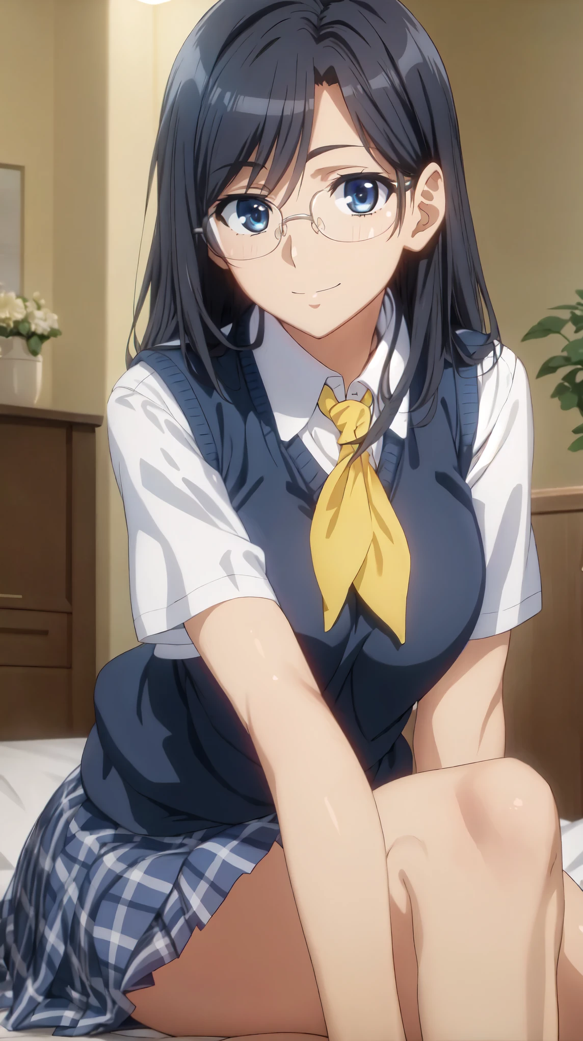 (masterpiece, highest quality, High resolution), morning, anime,semi-long, (black hair, blue eyes, Glasses,:1.3) ,bright yellow neckerchief, (Bright colors,bright light),collared shirt, sweater vest,big breasts,(Blue Vest:1.2), short sleeve, armband, plaid skirt, gray skirt, indoors, sitting, smile, open your mouth a little, thigh,