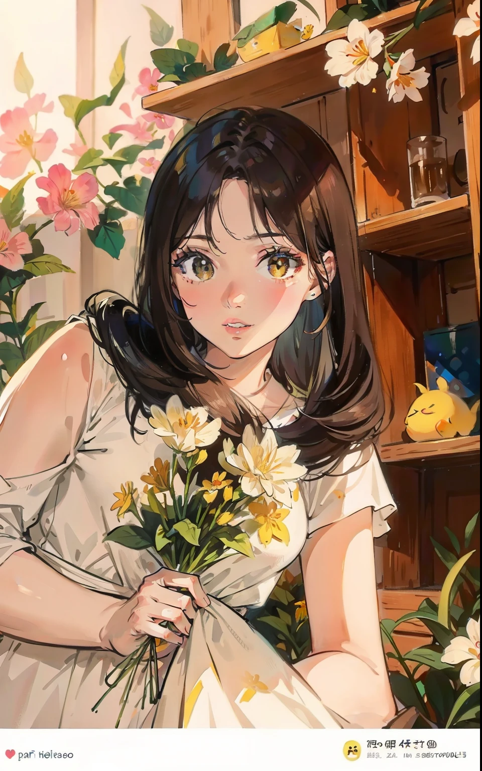 chica en flores amarillas ,y cabello ondulado