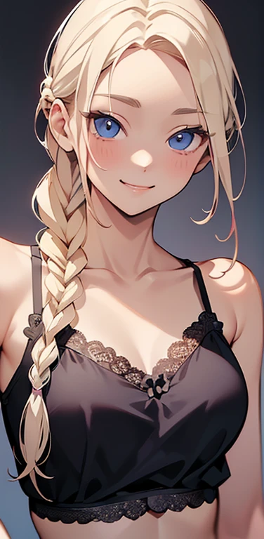 Realistic、1house wife、blonde hair、braid、blue eyes、(eye focus:1.3,face focus,upper body),(gradient eyes:1.3),(camisole　sexy　panties
)、(forced smile:1.3),single braid,cute face、(small breasts),