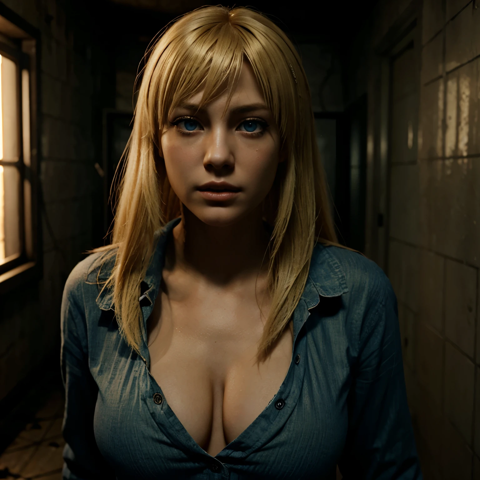 female character with blue eyes and blond hair and plump lips in a horror game for the PlayStation 2, in the style of Silent Hill.