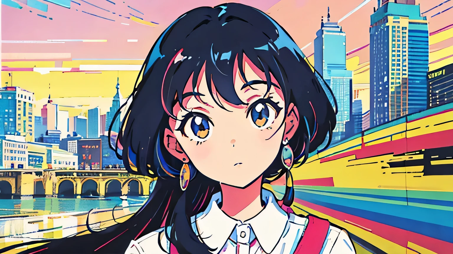 (flat color:0.9),(colorful:1.1),(masterpiece:1,2),retro,city pop, best quality, masterpiece, highres, original, extremely detailed wallpaper, looking at viewer,,,1girl,solo,Girl,Portrait
