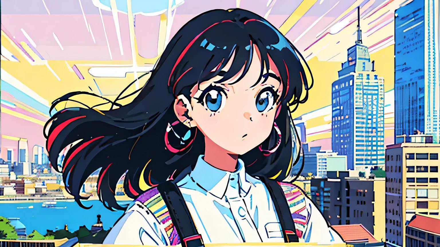 (flat color:0.9),(colorful:1.1),(masterpiece:1,2),retro,city pop, best quality, masterpiece, highres, original, extremely detailed wallpaper, looking at viewer,,,1girl,solo,Girl,Portrait