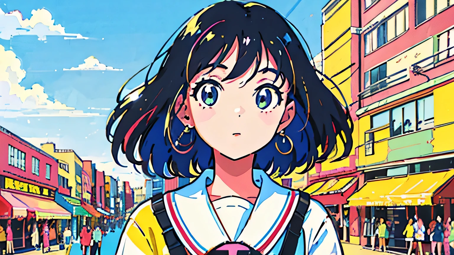 (flat color:0.9),(colorful:1.1),(masterpiece:1,2),retro,city pop, best quality, masterpiece, highres, original, extremely detailed wallpaper, looking at viewer,,,1girl,solo,Girl,Portrait