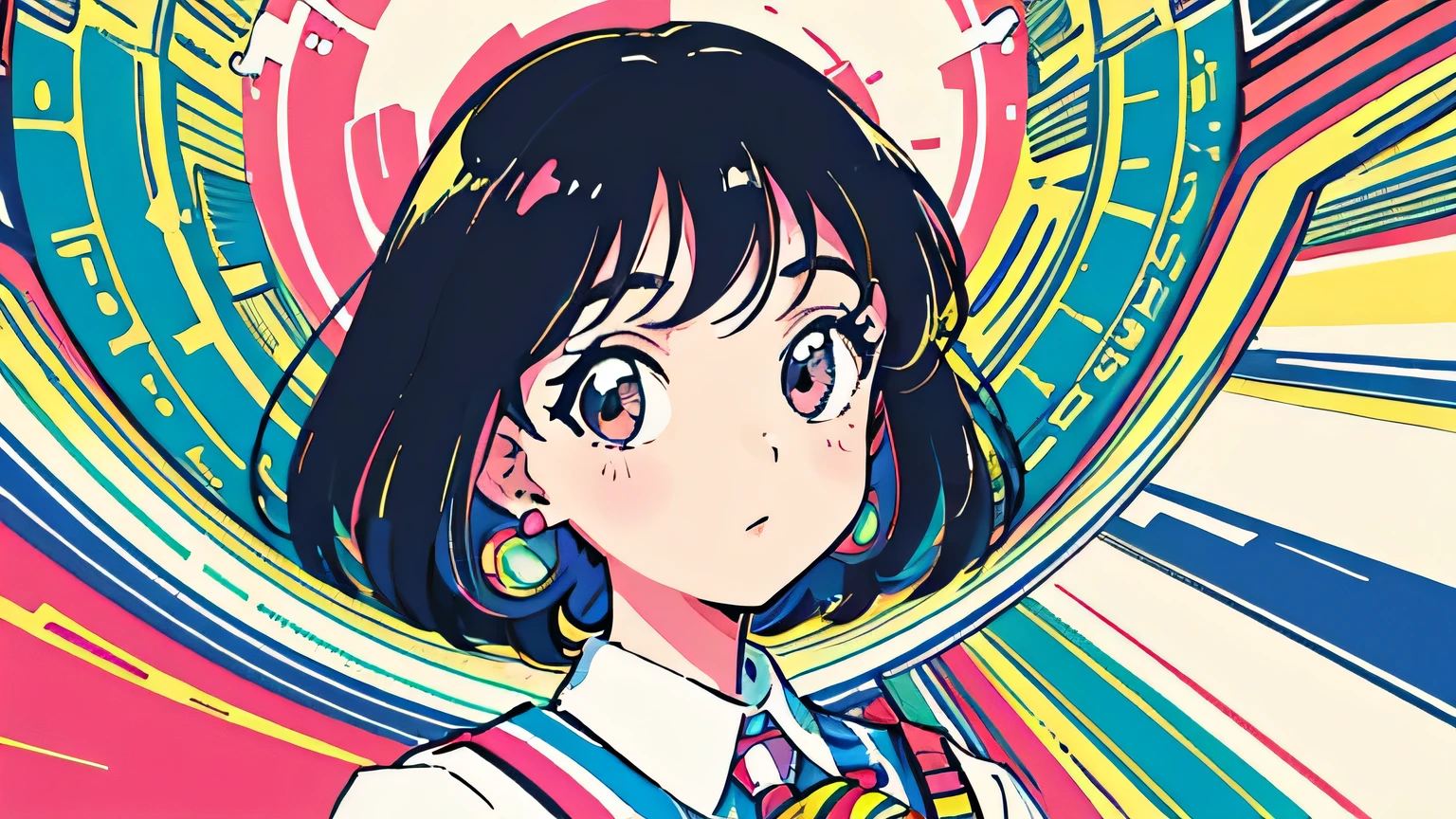 (flat color:0.9),(colorful:1.1),(masterpiece:1,2),retro,city pop, best quality, masterpiece, highres, original, extremely detailed wallpaper, looking at viewer,,,1girl,solo,Girl,Portrait