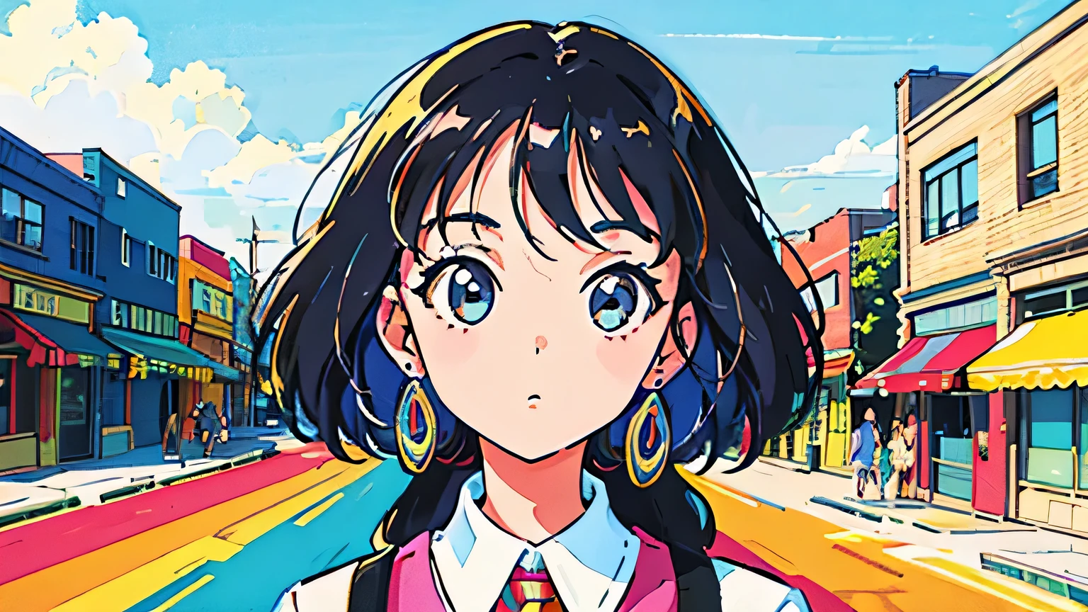 (flat color:0.9),(colorful:1.1),(masterpiece:1,2),retro,city pop, best quality, masterpiece, highres, original, extremely detailed wallpaper, looking at viewer,,,1girl,solo,Girl,Portrait