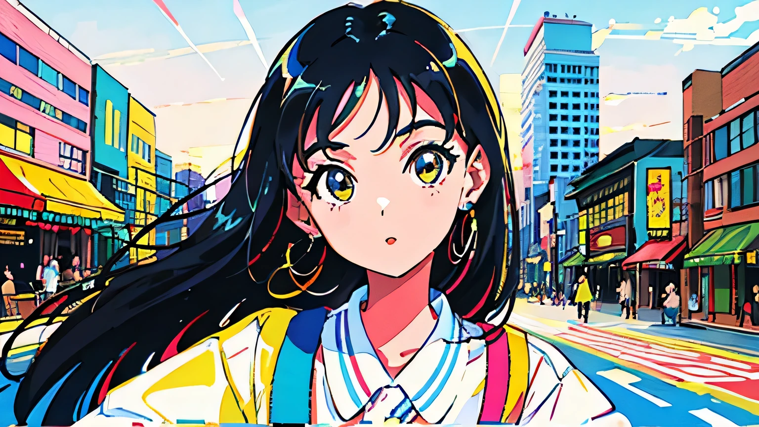 (flat color:0.9),(colorful:1.1),(masterpiece:1,2),retro,city pop, best quality, masterpiece, highres, original, extremely detailed wallpaper, looking at viewer,,,1girl,solo,Girl,Portrait