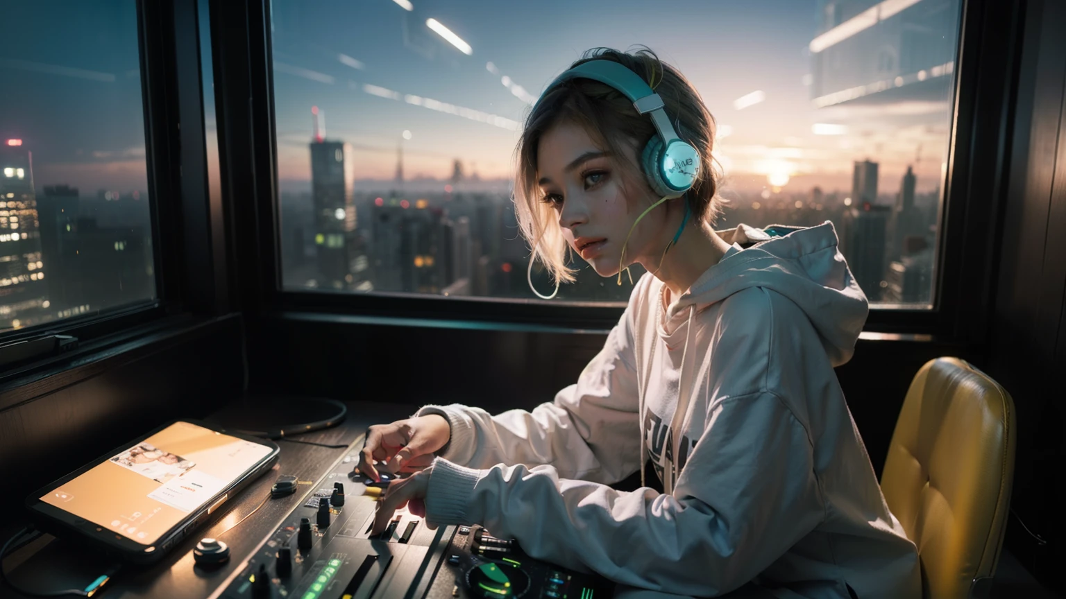 (arafed woman with headphones looking out of a window at night, girl wearing headphones, pink headphones, with headphones, lofi girl, with headphones, lofi portrait at a window, dreamy cyberpunk girl, listen to music, wearing headphones, Headphones On, Cute girl with yellow short hair, white glowing headphones, headphones dj rave, listen to music at 2 am, cyberpunk atmosphere,silver and green long sleeve sweatshirt,As you sit in a room high in a skyscraper, the panoramic view of the bustling metropolis tinted by the sunset spreads before you through the full-length windows. The room is filled with dazzling LED lights, and the window frames radiate white, blue, and gold hues.