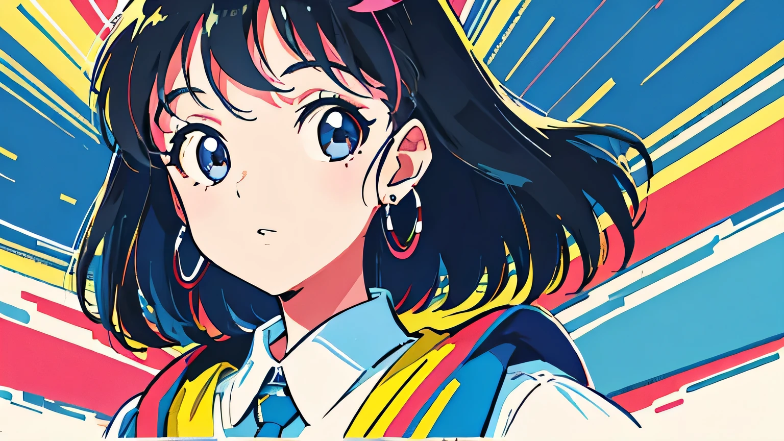 (flat color:0.9),(colorful:1.1),(masterpiece:1,2),retro,city pop, best quality, masterpiece, highres, original, extremely detailed wallpaper, looking at viewer,,,1girl,solo,Girl,Portrait