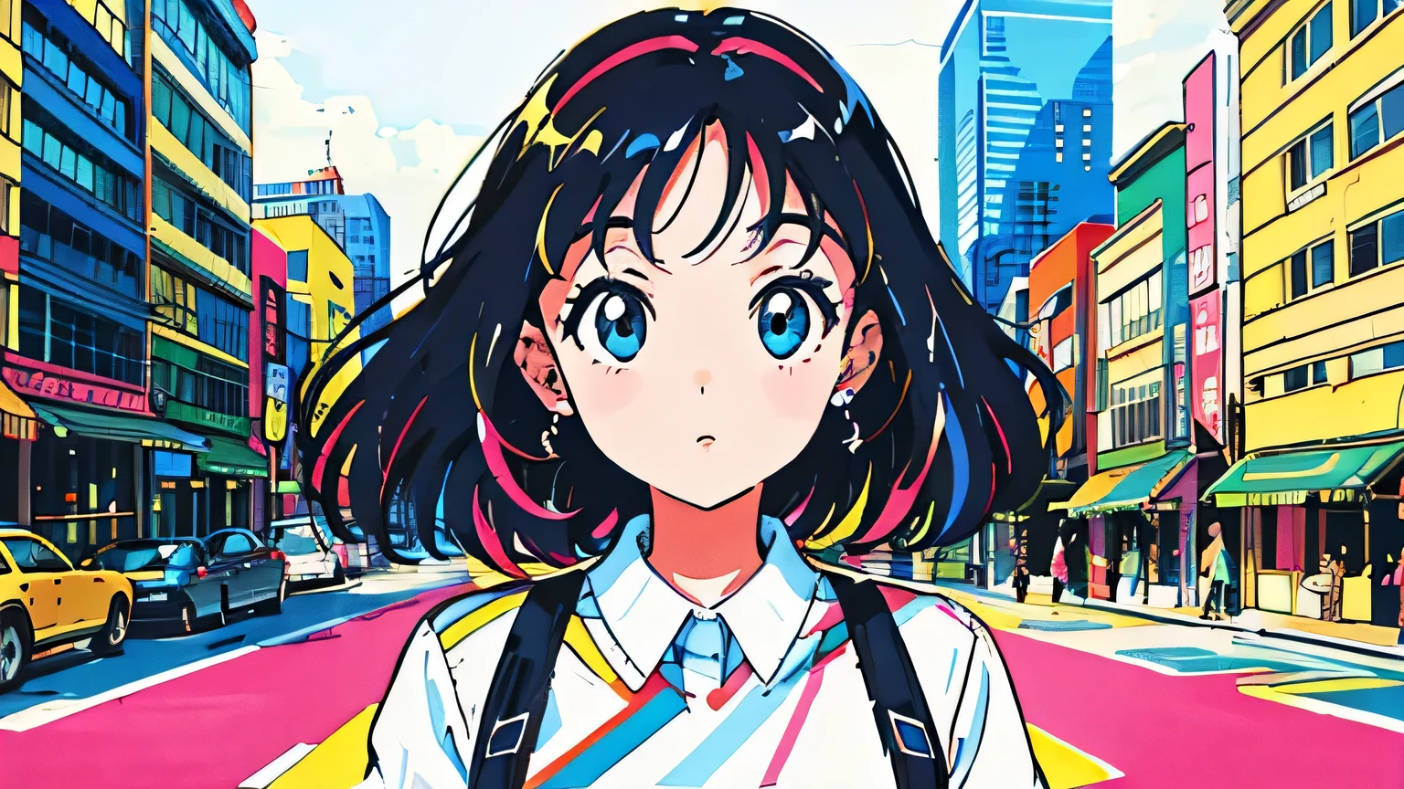 (flat color:0.9),(colorful:1.1),(masterpiece:1,2),retro,city pop, best quality, masterpiece, highres, original, extremely detailed wallpaper, looking at viewer,,,1girl,solo,Girl,Portrait