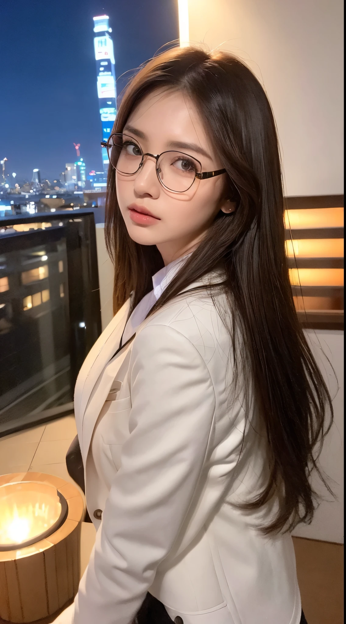 ((Midnight, Best quality, 8k, Masterpiece :1.3)), Whole body, Long legs, Sharp focus :1.2, A pretty woman with perfect figure :1.4, Slender abs :1.1, ((Dark brown hair, Big breasts :1.2)), (red bra, white open blazer, wearing glasses, on the terrace, sitting on the terrace), ((Night city view, model pose)), Highly detailed face and skin texture, Detailed eyes, Double eyelid