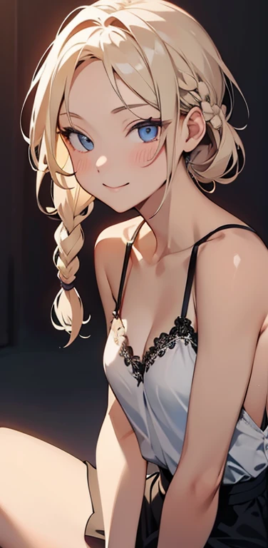 Realistic、1house wife、blonde hair、braid、blue eyes、(eye focus:1.3,face focus,upper body),(gradient eyes:1.3),(camisole sexy panties
)、(forced smile:1.3),single braid,cute face、(tareme),(small breasts),