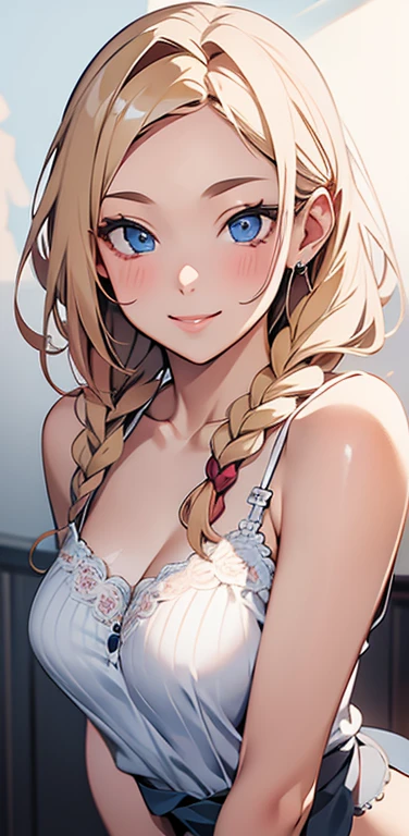 Realistic、1house wife、blonde hair、braid、blue eyes、(eye focus:1.3,face focus,upper body),(gradient eyes:1.3),(camisole　sexy　panties
)、(forced smile:1.3),single braid,cute face、(tareme),(small breasts),