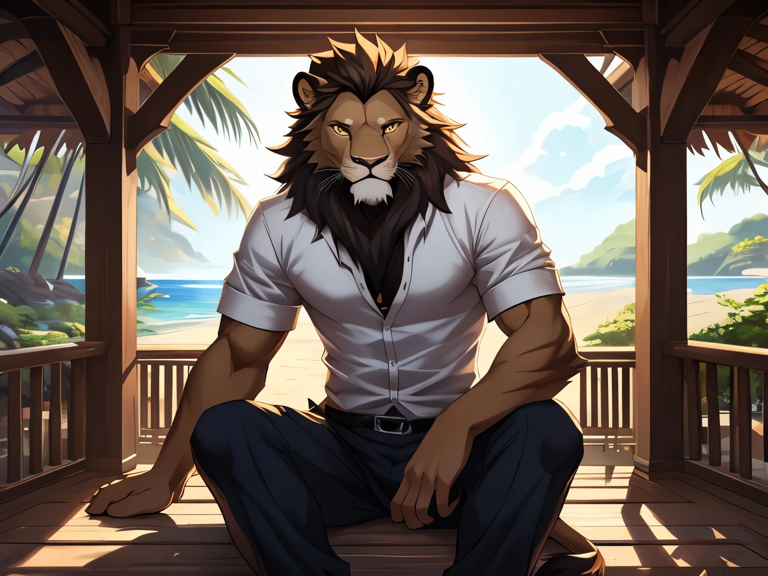 (posted on e621 by Yang J art style), furry, male, Lion anthro, (Lion Tail), Solo, yellow eyes, (Realistic eye details:1.2), (beautiful detailed eyes), anime characters undershirt, wearing beach pants, sitting on a porch, from cryptid academia, commission for high res, detailed fanart, zerochan art, pov furry art, very very beautiful furry art, full res, dnd fantsay art, highly detailed exquisite fanart, furry fantasy art, anthro art, dnd commission, dnd , high quality dnd illustration, furry art!!!, slim body, full body like, in a panoramic view, good looking 