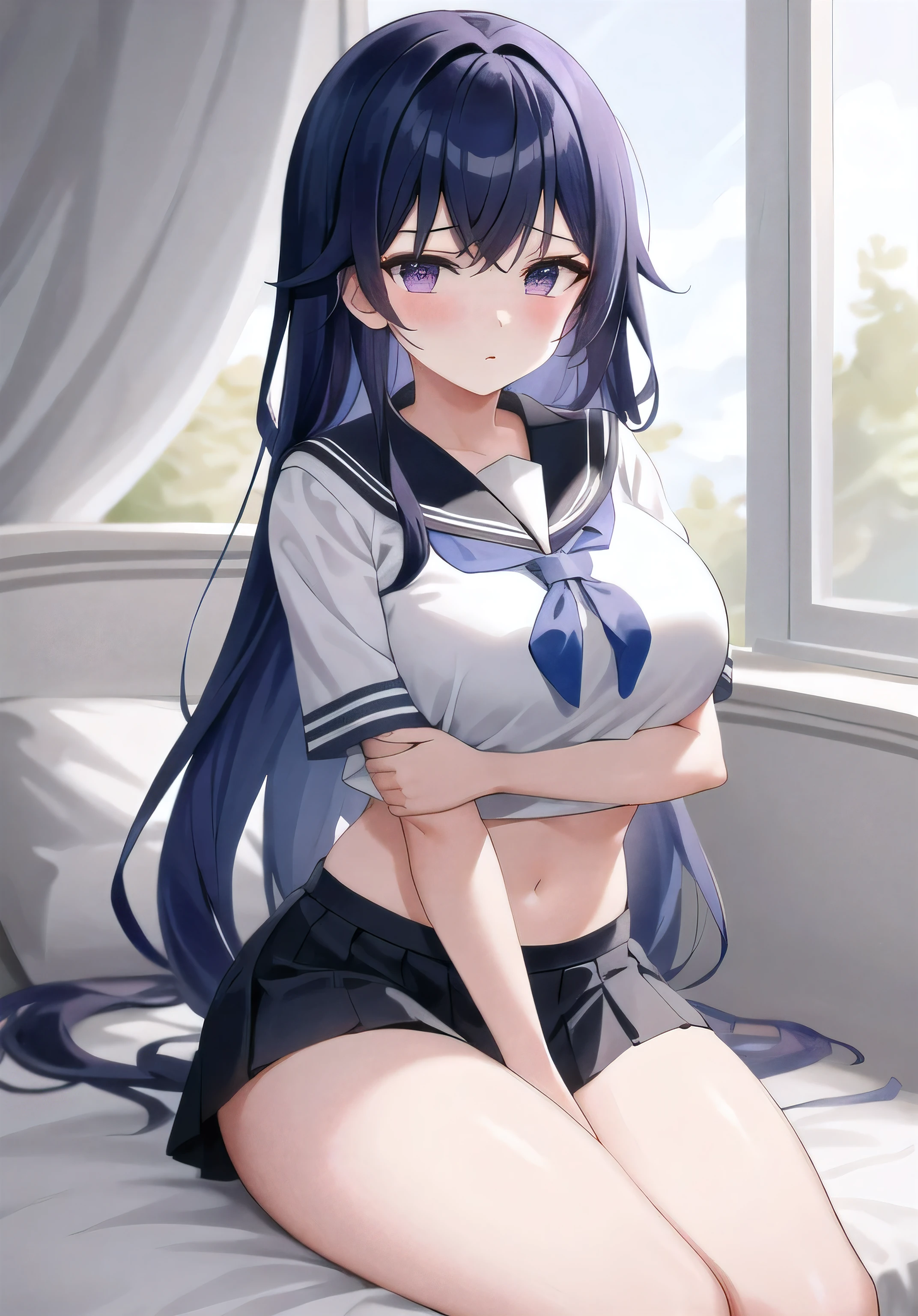 (masterpiece, best quality, super detailed), General Thunder \(Genshin Impact\), (#4143 color hair), double tail, long hair, Scan your bangs, braid, braided bangs, purple eyes,,
(sailor uniform school uniform:1.2), Sitting on hotel bed,Black,
big breasts, Thick thighs, Put your arms behind your back, shy face, crop top, Strong and seductive expression.
