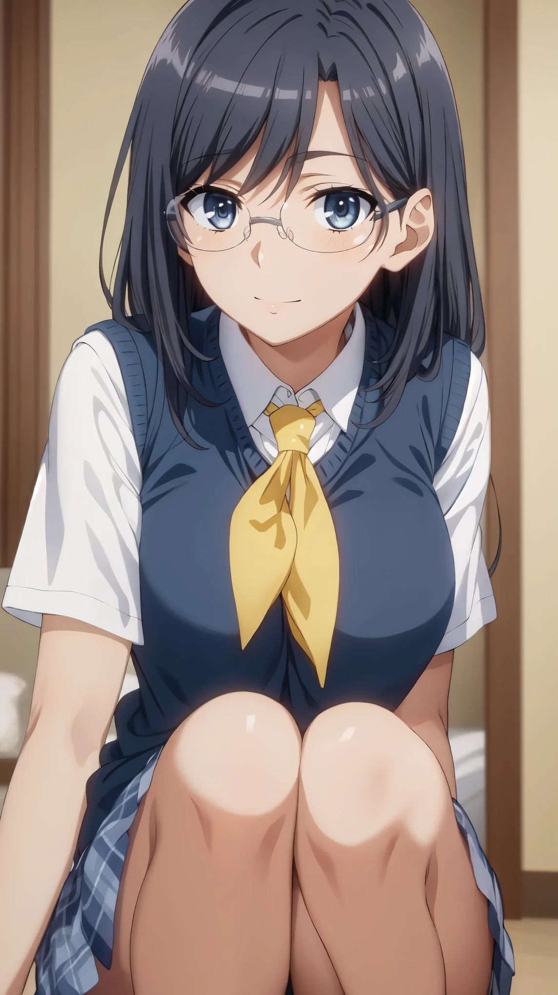 (masterpiece, highest quality, High resolution),(beautiful face:1.2), morning, anime,semi-long, (black hair, blue eyes, Glasses,:1.3) ,(bright yellow neckerchief:1.2),(Bright colors,bright light),collared shirt, sweater vest,big breasts,(Blue Vest:1.2), short sleeve, armband, plaid skirt, gray skirt, indoors, sitting, smile, open your mouth a little, thigh,