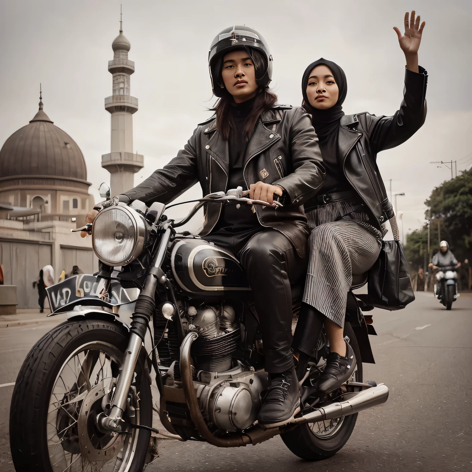 Full body, wide shot, street photography, retro portrait of an Asian man with half-length hair riding an old motorbike with a hijab woman waving, they are wearing black leather jackets and helmets, wearing shoes, Ade Santora style, riding a motorbike, couple