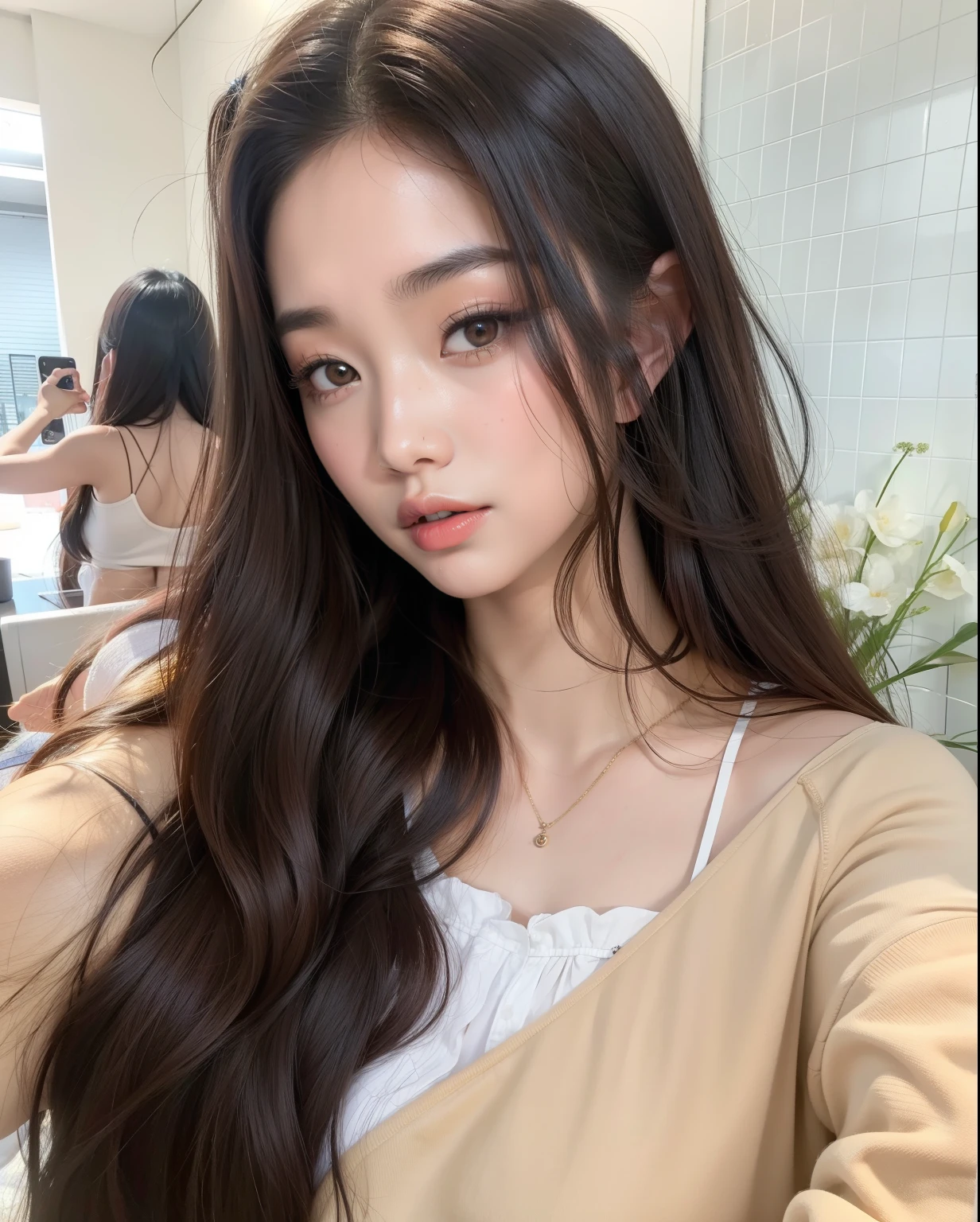 mulher loira com grandes posando de blusa branca na cozinha, Asian, half asian, beautiful Asian, 18 anos,usa loira, 2 2 anos, 21os, an Mur Asian, asian face, características Asians, longos cabelos loiros e olhos grandes, uma loira linda, Mulher Asian, Deusa japonesa, mulher Asian, garota loira