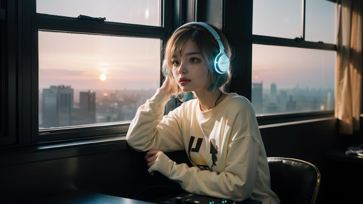 (arafed woman with headphones looking out of a window at night, girl wearing headphones, pink headphones, with headphones, lofi girl, with headphones, lofi portrait at a window, dreamy cyberpunk girl, listen to music, wearing headphones, Headphones On, Cute girl with yellow short hair, white glowing headphones, headphones dj rave, listen to music at 2 am, cyberpunk atmosphere,silver and green long sleeve sweatshirt,As you sit in a room high in a skyscraper, the panoramic view of the bustling metropolis tinted by the sunset spreads before you through the full-length windows. The room is filled with dazzling LED lights, and the window frames radiate white, blue, and gold hues.