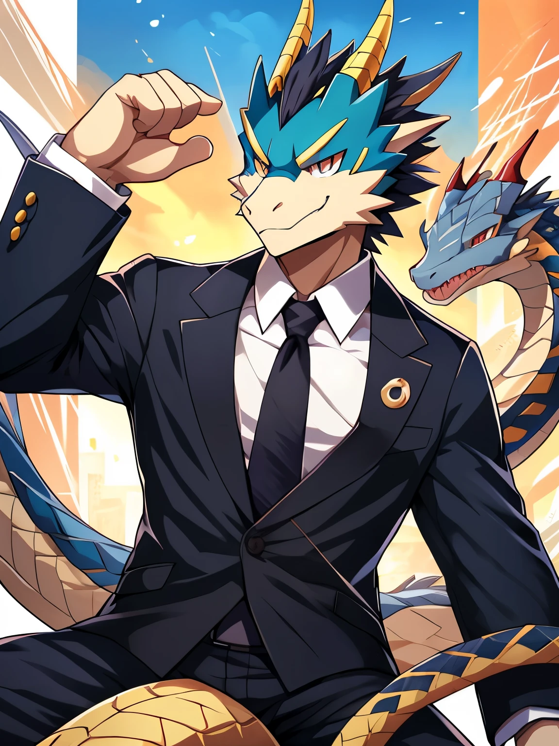 anime character with a snake in his hand and a suit on, from cryptid academia, commission for high res, pixiv, detailed fanart, as an anthropomorphic dragon, anthro dragon art, at pixiv, but as an anthropomorphic dragon, koda kazuma, top rated on pixiv, pixiv contest winner