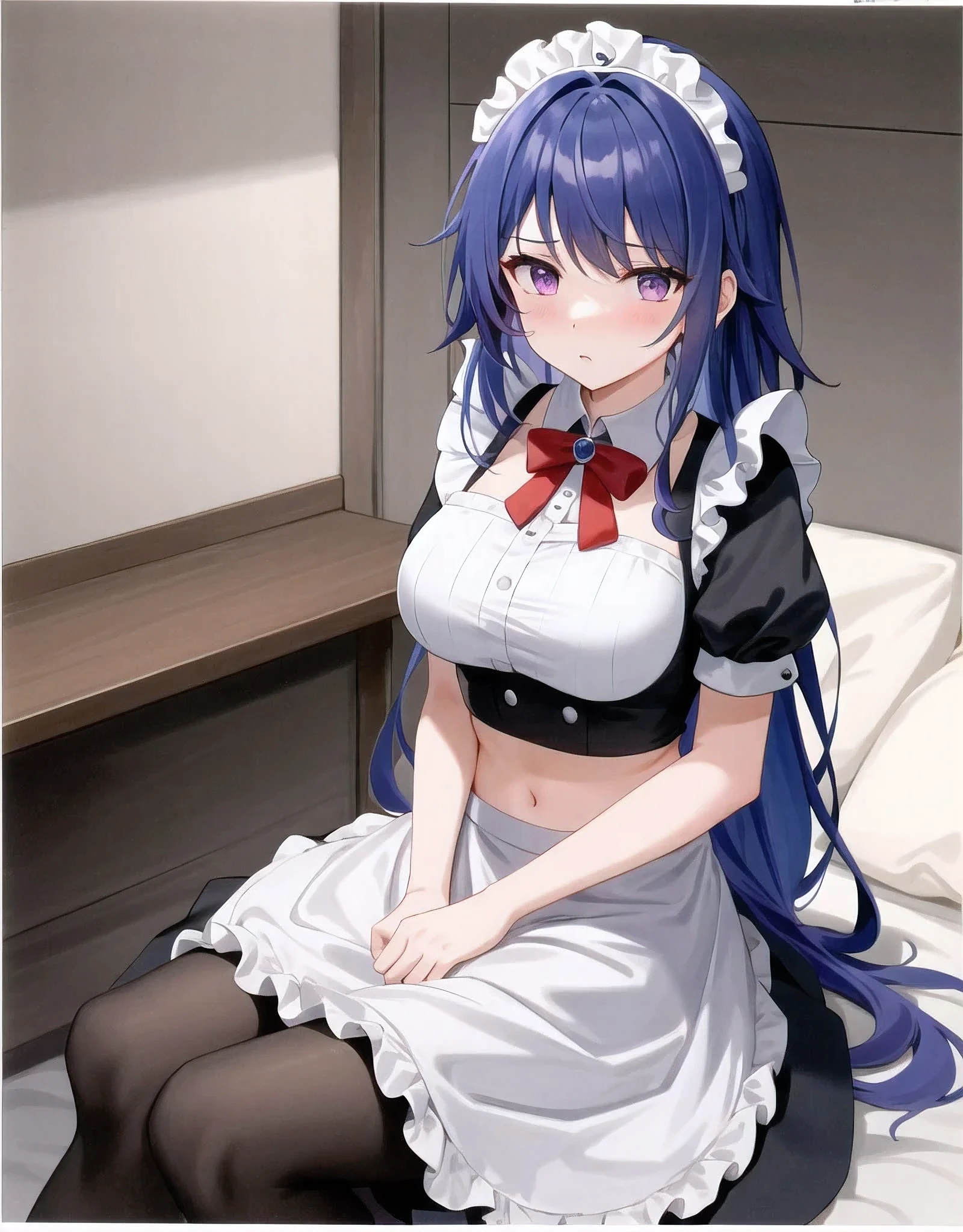 (masterpiece, best quality, super detailed), General Thunder \(Genshin Impact\), (#41433 colored hair), double tail, long hair, Scan your bangs, braid, braided bangs, purple eyes,,
(Conservative maid outfit in cafe:1.2), Sitting on hotel bed,black stockings,
big breasts,,Put your arms behind your back, Shyness and red face, crop top, Strong and seductive expression,,