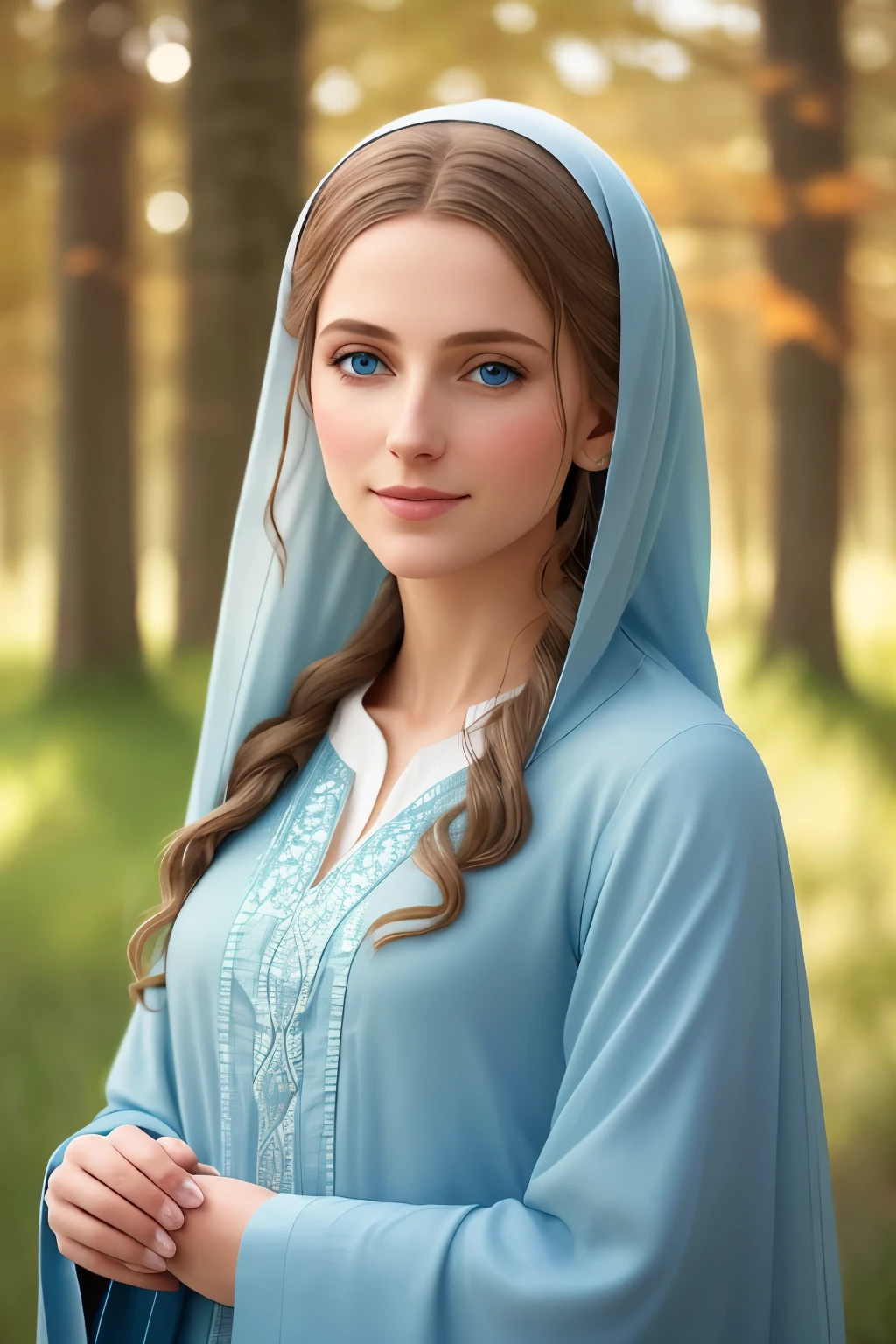 A serene portrait of a woman, dressed in modest attire, symbolizing her deep-rooted faith. With a soft, gentle smile gracing her lips, her piercing blue eyes reflect an inner peace and resolve. Intricately detailed hands clasp a Bible close to her heart, ready to share the words of wisdom and hope that lie within. The scene bathed in warm, soft natural light, creating an ethereal, otherworldly aura. The highest quality capture, with 8k resolution, masterfully rendering every minute detail. Realistic skin texture adds authenticity to the image, while a subtle film grain effect adds a touch of character and nostalgia. The background, a gently blurred wood