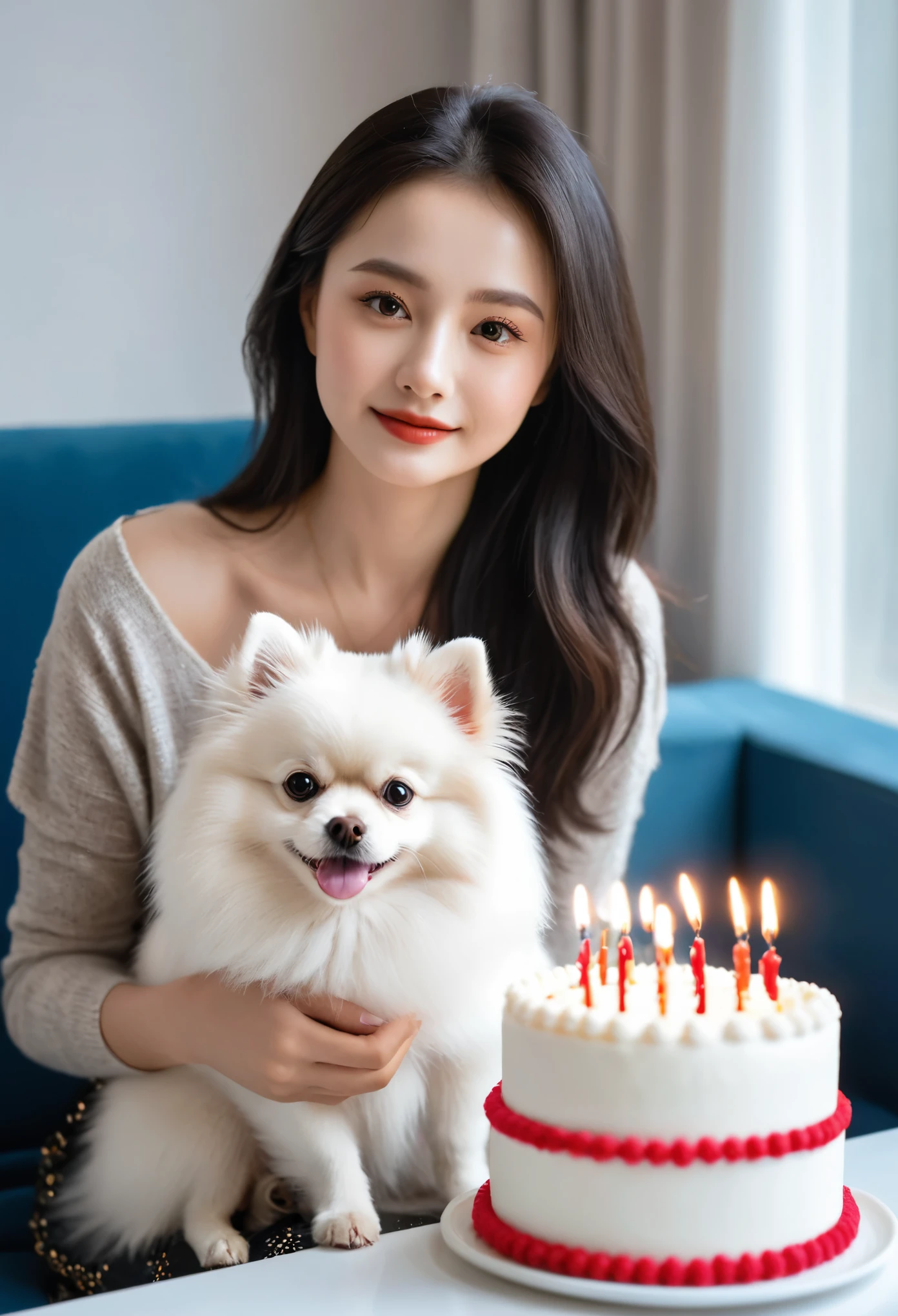 The lady is sitting on the sofa,A small white Pomeranian crawls on her lap, Opposite birthday cake, Make a wish on a birthday cake, celebrate her birthday, She is about 16 years old, White skin, Exquisite facial features